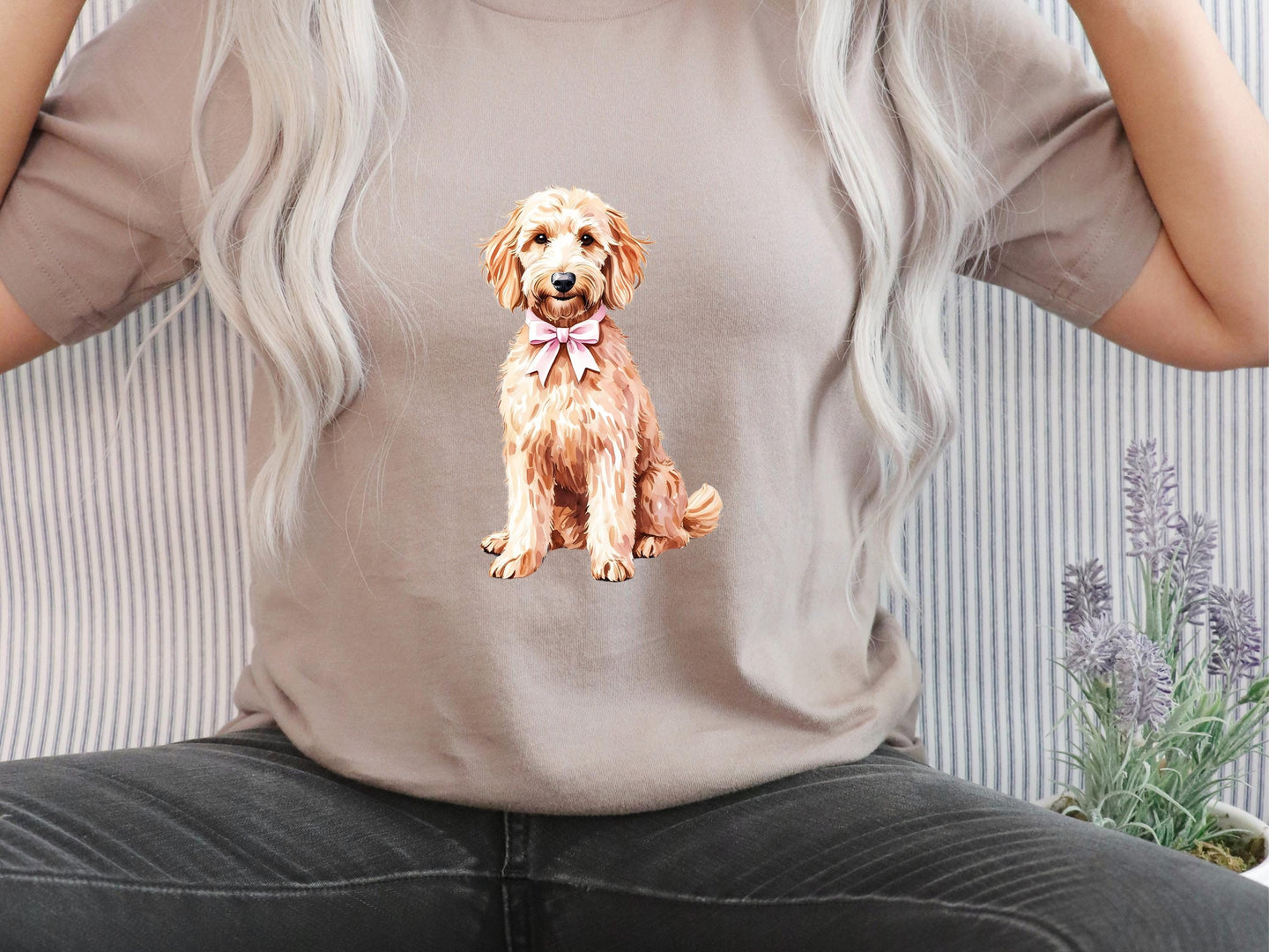 Goldendoodle Png Cute Watercolor Dog Pink Bow Grandmillenial Coquette Goldendoodle Mom Clipart Instant Digital Download Sublimation Design